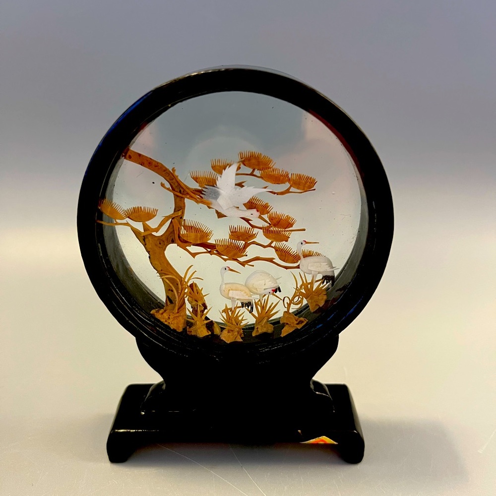 Vintage Chinese Hand Carved Cork Scene Diorama With Tree & 4 Cranes San You